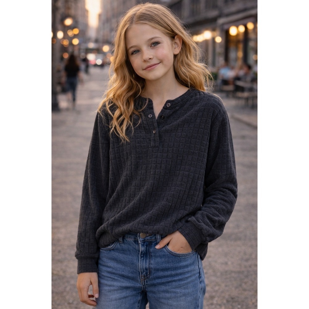 Vintage Persephone Jones Kids Black Waffle Terry Cloth Henley Top Size L